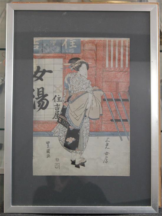 Toyokuni Courtesan entering a bath house, largest 15 x 10.25in.